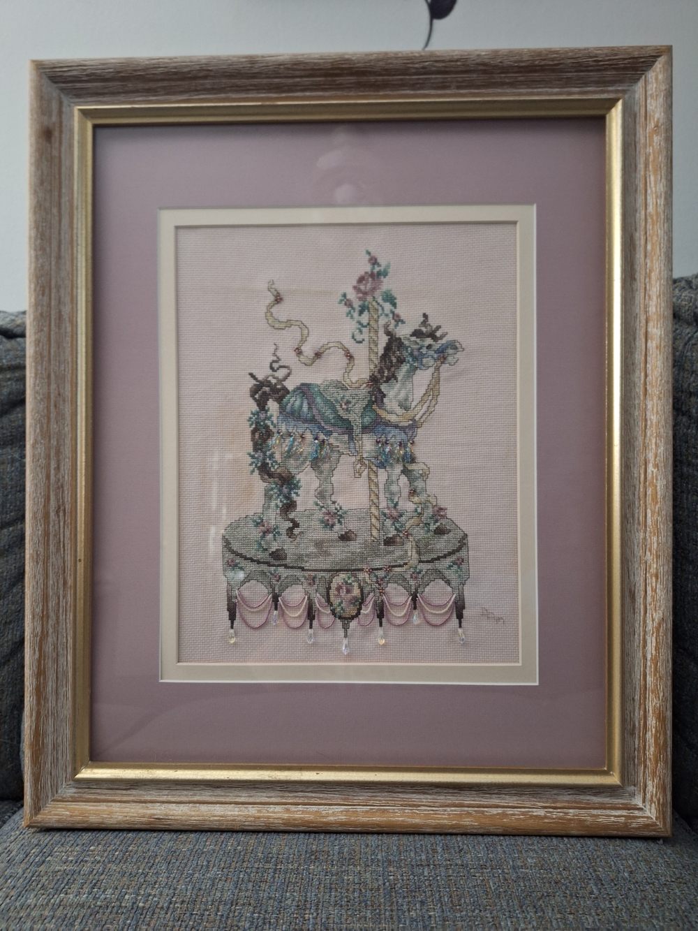 Framed Pastel Carousel Horse Cross-Stitch Wall Art - Pink Mat